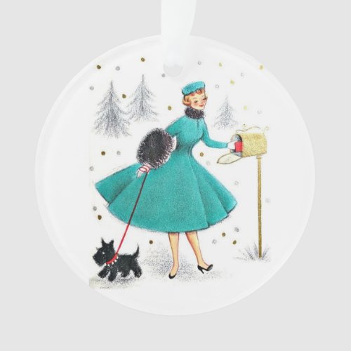 Vintage Retro Christmas Woman with Scotty Dog Ornament