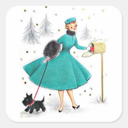 Vintage Retro Christmas Woman with Scotty Dog Square Sticker