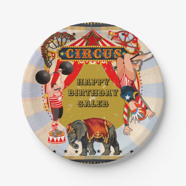 Vintage Retro Circus Birthday Party Personalized Paper Plates (Front)