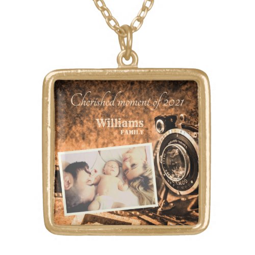 Vintage retro classic camera rustic custom family  gold plated necklace