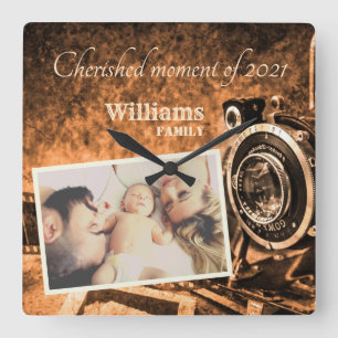 Vintage retro classic camera rustic custom family square wall clock