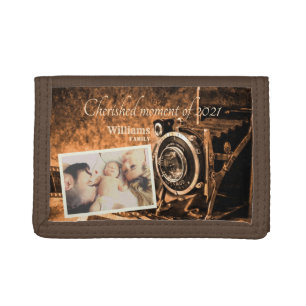 Vintage retro classic camera rustic custom family tri-fold wallet