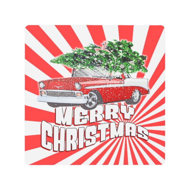 Vintage Retro Classic Car Christmas Metal Print (Front)