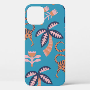 vintage retro color tiger, palm tree, flower seaml iPhone 12 case