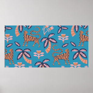 vintage retro color tiger, palm tree, flower seaml poster