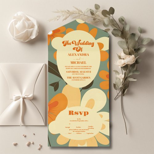 Vintage Retro Colorful Floral Wedding All In One Invitation