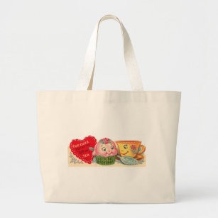 Vintage Retro Cupcake And Teacup Valentine's Day Large Tote Bag
