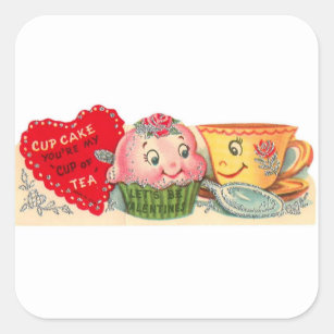 Vintage Retro Cupcake And Teacup Valentine's Day Square Sticker