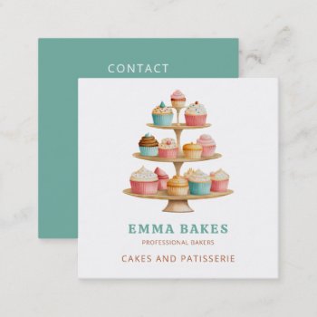 Vintage Retro Cupcake Stand Bakery Pastry Chef  Square Business Card by MG_BusinessCards at Zazzle
