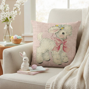 Vintage Retro Cute Baby Lamb In Pink Throw Pillow