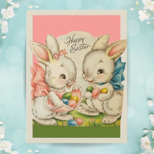 Vintage Retro Cute Bunnies with Eggs Easter Holiday Postcard
