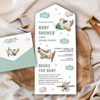 Vintage Retro Cute Green Airplanes Baby Shower All In One Invitation by ShabzDesigns at Zazzle
