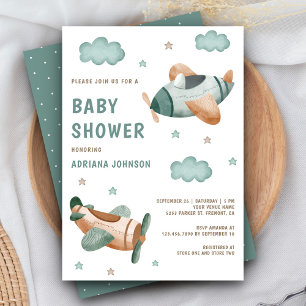 Vintage Retro Cute Green Airplanes Baby Shower Invitation
