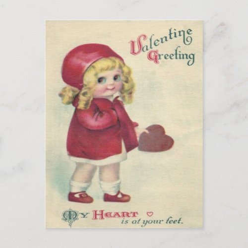 Vintage Retro Cute Little Girl Heart Valentine Holiday Postcard