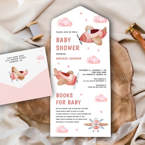 Vintage Retro Cute Pink Airplanes Baby Shower All In One Invitation