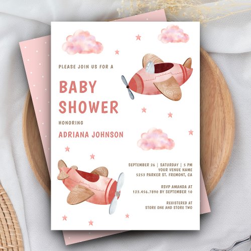 Vintage Retro Cute Pink Airplanes Girl Baby Shower Invitation