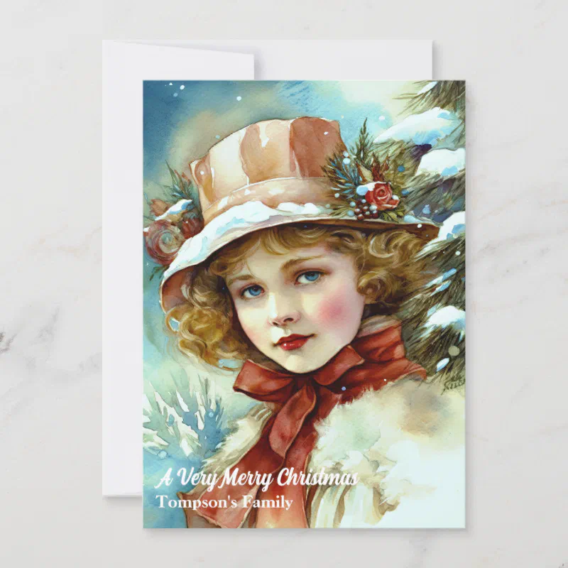Vintage Retro Cute Victorian Girl Christmas Holiday Card (Front)