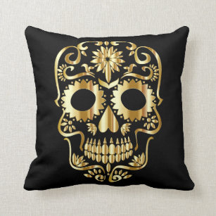 Vintage Retro Decorative Sugar Skull Gold Shiny Throw Pillow