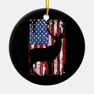 Vintage Retro Deer USA Flag Deer Hunting American Ceramic Ornament