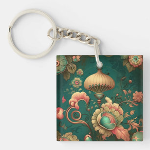Vintage retro design floral green keychain