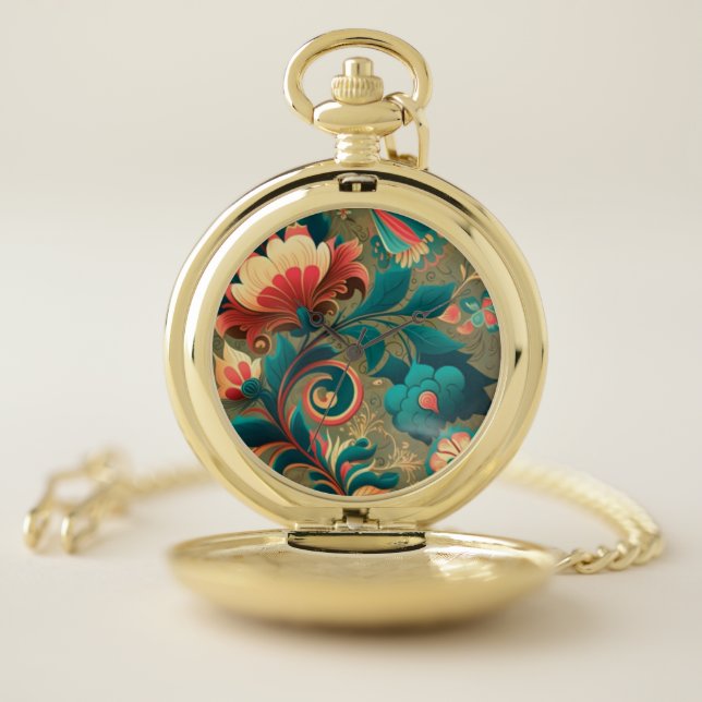 Vintage retro design floral green pocket watch (Inside)