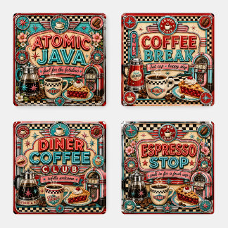 Vintage Retro Diner Coffee Club Set of 4 Coasters