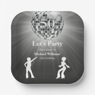 Vintage Retro Disco Ball Black White 50th Birthday Paper Plates