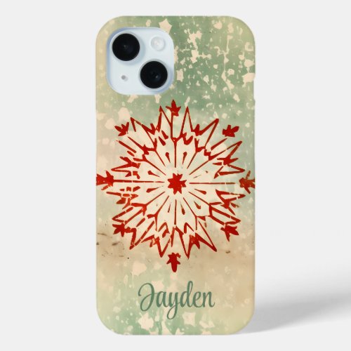 Vintage Retro Distressed Red Ivory Green Snowflake iPhone 15 Case