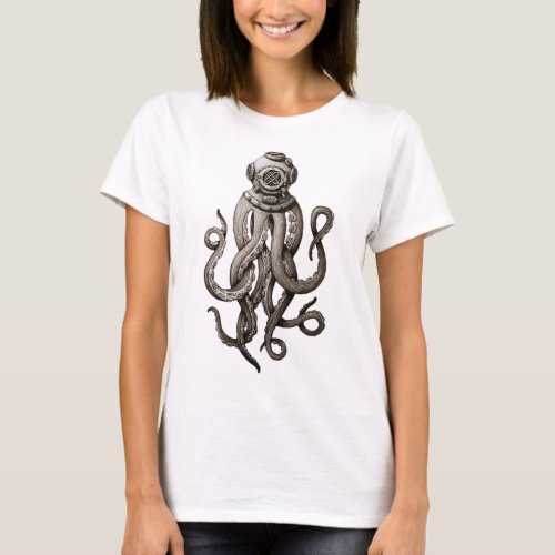 Vintage Retro Diving Suit Octopus Graphic Design T_Shirt