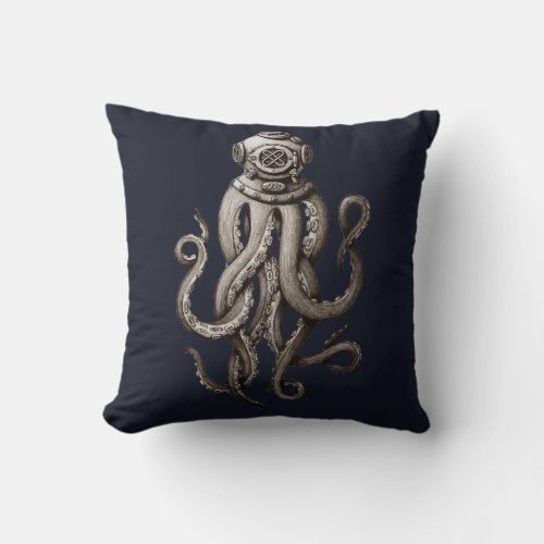 Vintage Retro Diving Suit Octopus Graphic Design Throw Pillow