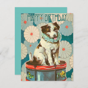 Vintage Retro Dog On Drum Happy Birthday Card
