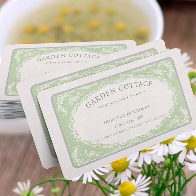 Vintage Retro Elegant Floral Green Beige Frame Business Card (Creator Uploaded)