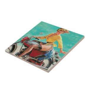 Vintage Retro Elvgren Motorcycle Biker Pin-UP Girl Ceramic Tile