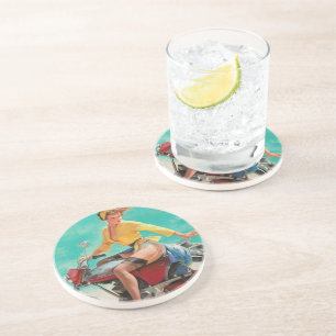 Vintage Retro Elvgren Motorcycle Biker Pin-UP Girl Coaster