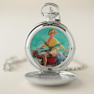 Vintage Retro Elvgren Motorcycle Biker Pin-UP Girl Pocket Watch