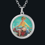 Vintage Retro Elvgren Motorcycle Biker Pin-UP Girl Silver Plated Necklace<br><div class="desc">Pin-Up Girl Riding Bike - Illustration by Gil Elvgren</div>