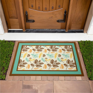 Vintage Retro Fall Teal with Colorful Leaves Doormat