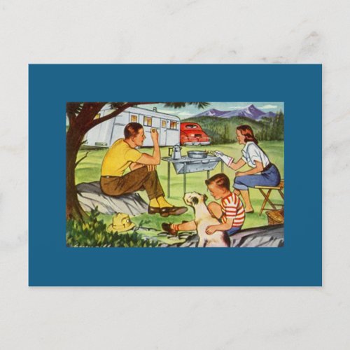 Vintage Retro Family Camping trip Trailer PC Holiday Postcard