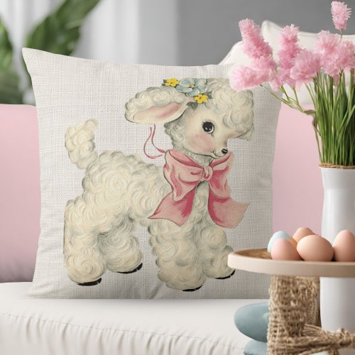 Vintage Retro Faux Linen with Baby Lamb Throw Pillow