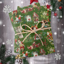 Vintage Retro Festive Green Christmas Holiday Wrapping Paper Sheets