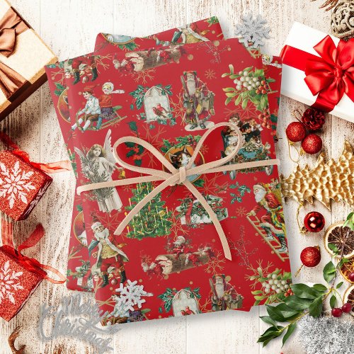 Vintage Retro Festive Red Christmas Holiday Wrapping Paper Sheets