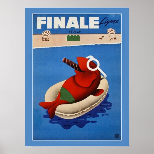 Vintage retro Finale cute fish Italian travel ad Poster