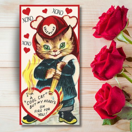 Vintage Retro Firefighter Cool Cat Valentines Day Holiday Card