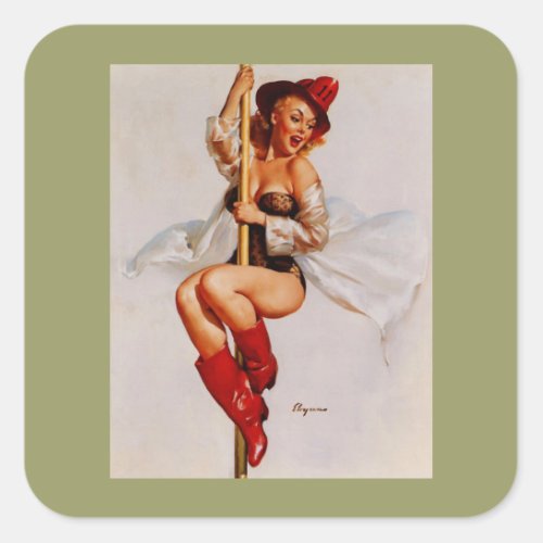 Vintage Retro Firefighter Pin Up Girl Square Sticker