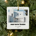 Vintage Retro First Christmas in our new home Ceramic Ornament<br><div class="desc">Our first Christmas in our new home: a vintage retro script and a simple design for this photo ornament gift. To customize with your favorite picture. You can also easily change the color of the font to your liking. A perfect housewarming gift or family keepsake to celebrate your First Christmas...</div>