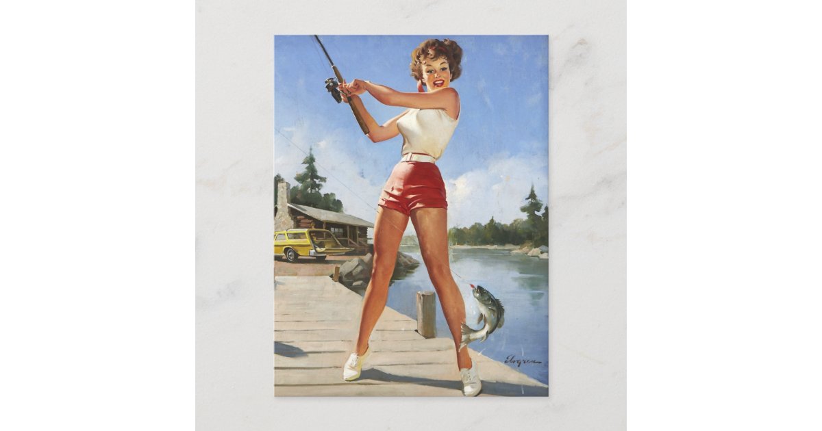 Vintage Retro Fishing Pinup Girl Postcard