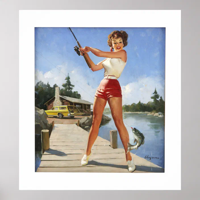 Vintage Fishing Pin Up Girl Poster A3/A4 Print