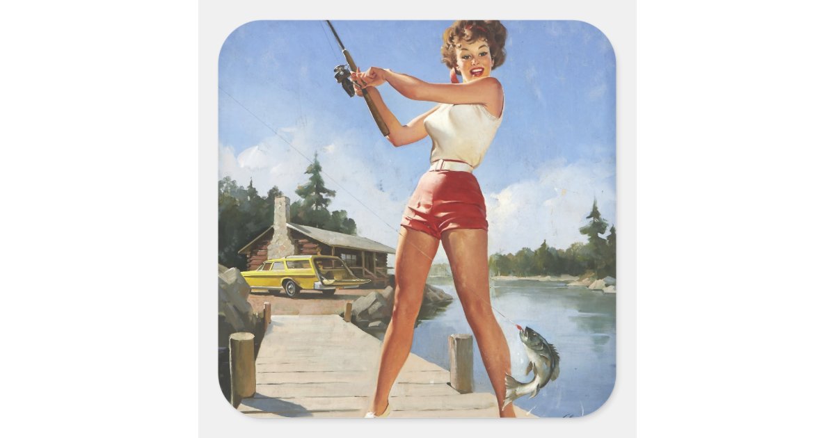 Vintage Retro Fishing Pinup Girl Square Sticker | Zazzle