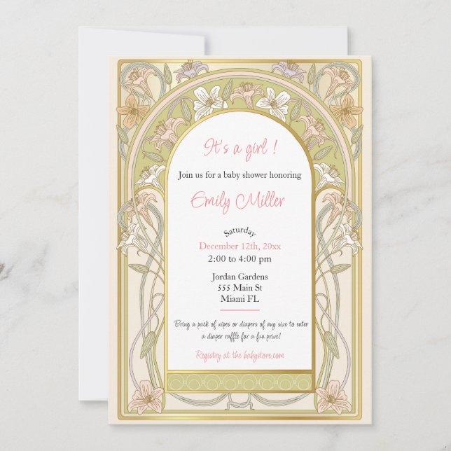Vintage retro floral pink gold shower invitation (Front)