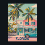 vintage retro florida postcard<br><div class="desc">A nostalgic and vintage-inspired illustration of a charming pastel-colored house nestled amidst tall palm trees in Key West, Florida. The house features a spacious porch with white railings and a welcoming front door. The sky is a clear and sunny blue, with fluffy white clouds. The overall atmosphere is peaceful and...</div>
